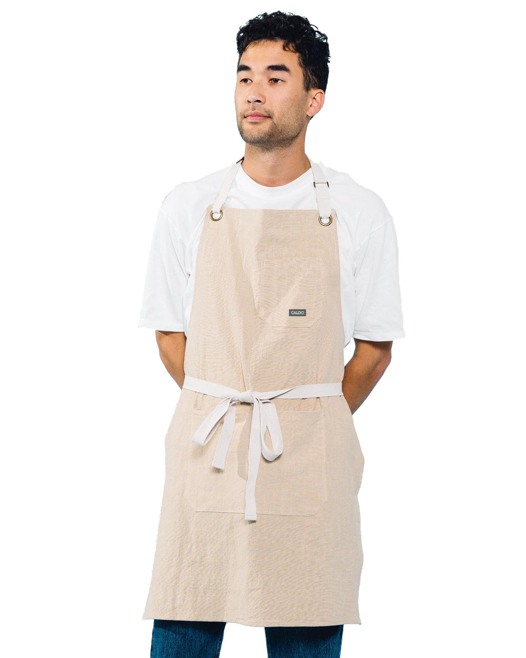 Caldo Linen Kitchen Apron for Cooking- Mens and Womens Linen Bib Apron for Professional Chef, Server, or Barista- Adjustable with Pockets (Bone)
