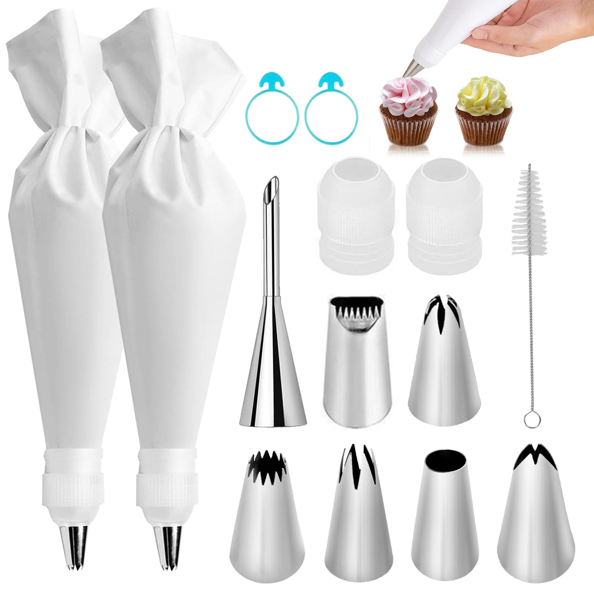 14-Piece Reusable Piping Bags and Tips Set with Stainless Steel Nozzles