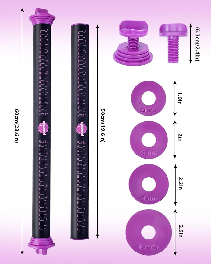 Silicone Rolling Pin with Thickness Rings, Adjustable Designs for Fondant, Cookie Decorating, Pasta, Pizza, 23.6 inch Purple Large Long Pin