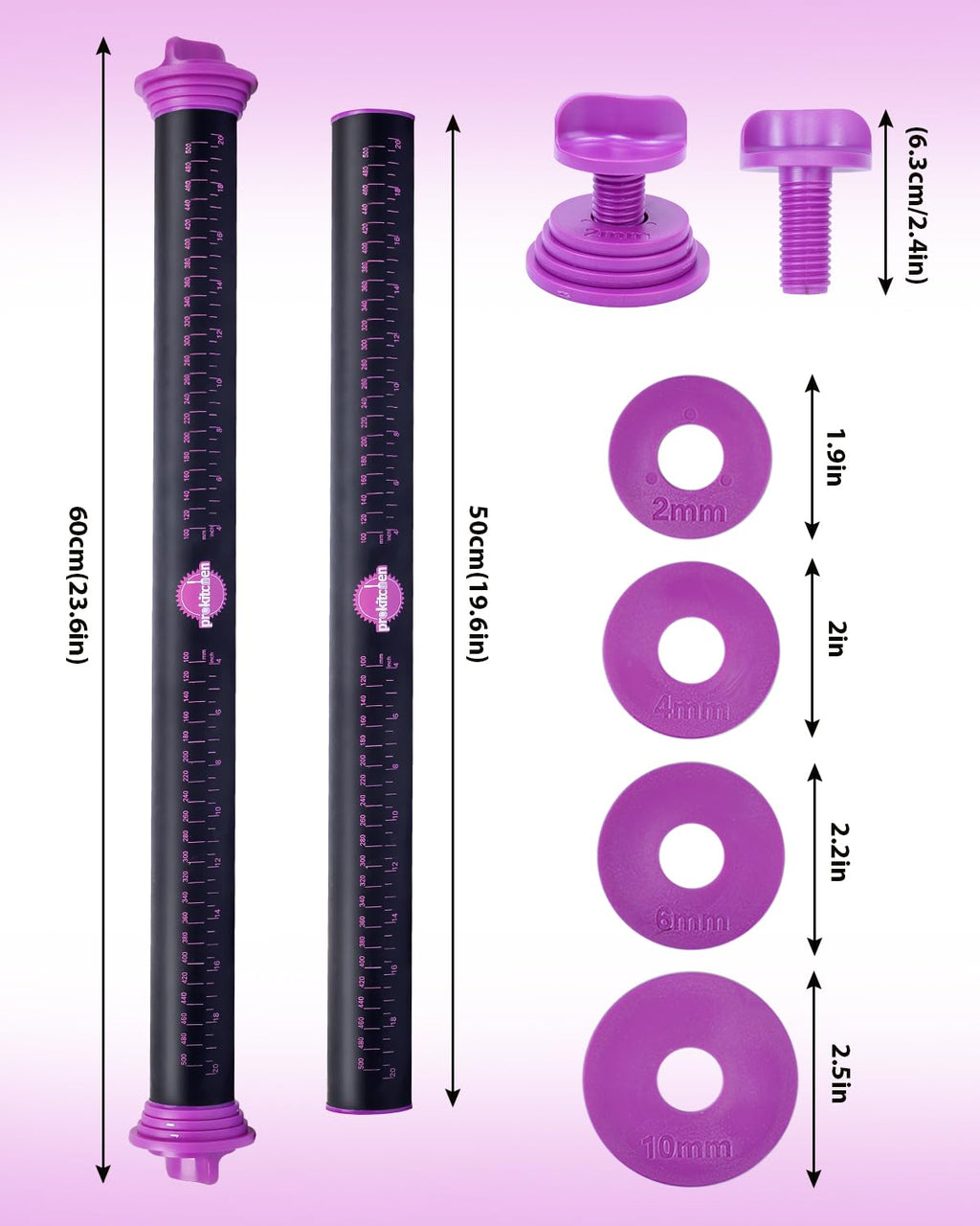 PROKITCHEN Silicone Rolling Pin with Thickness Rings, Adjustable Designs for Fondant, Cookie Decorating, Pasta, Pizza, 23.6 inch Purple Large Long Pin