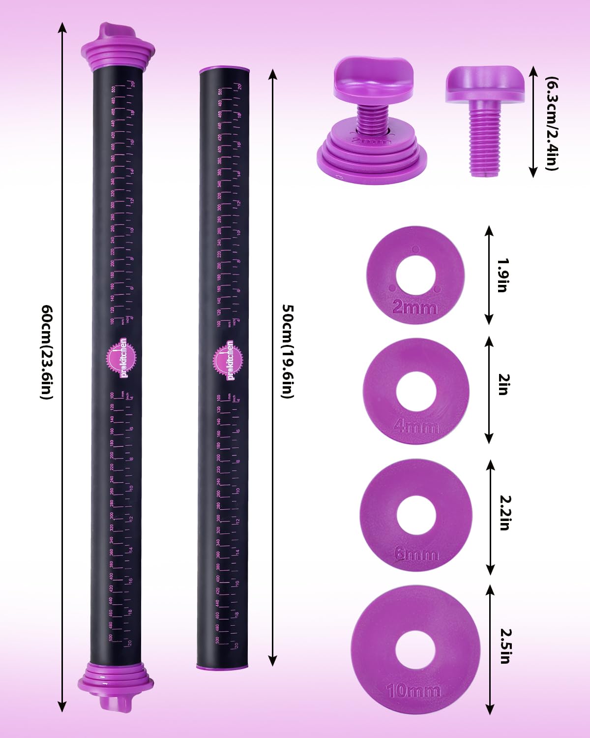 PROKITCHEN Silicone Rolling Pin with Thickness Rings, Adjustable Designs for Fondant, Cookie Decorating, Pasta, Pizza, 23.6 inch Purple Large Long Pin