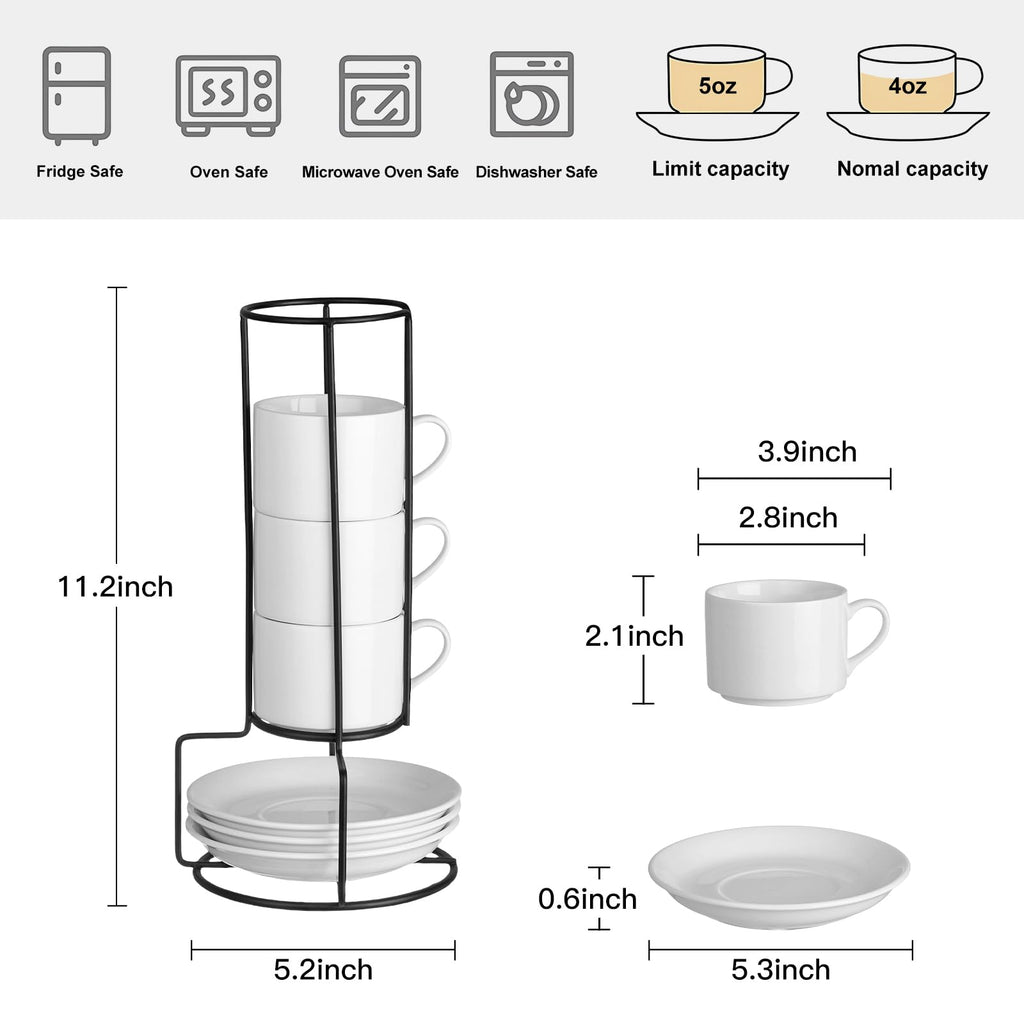 Meichu Espresso Cups Set of 4, 4oz Stackable Coffee Cups with Saucers and Metal Stand, White Demitasse Cups, Expresso Shots Cup Set