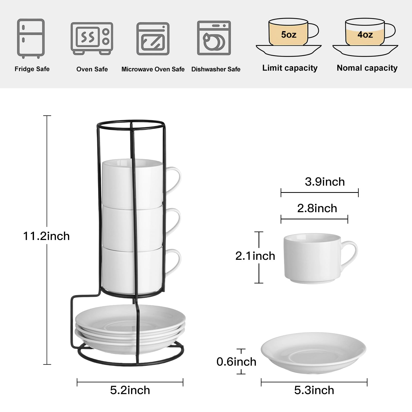 Meichu Espresso Cups Set of 4, 4oz Stackable Coffee Cups with Saucers and Metal Stand, White Demitasse Cups, Expresso Shots Cup Set