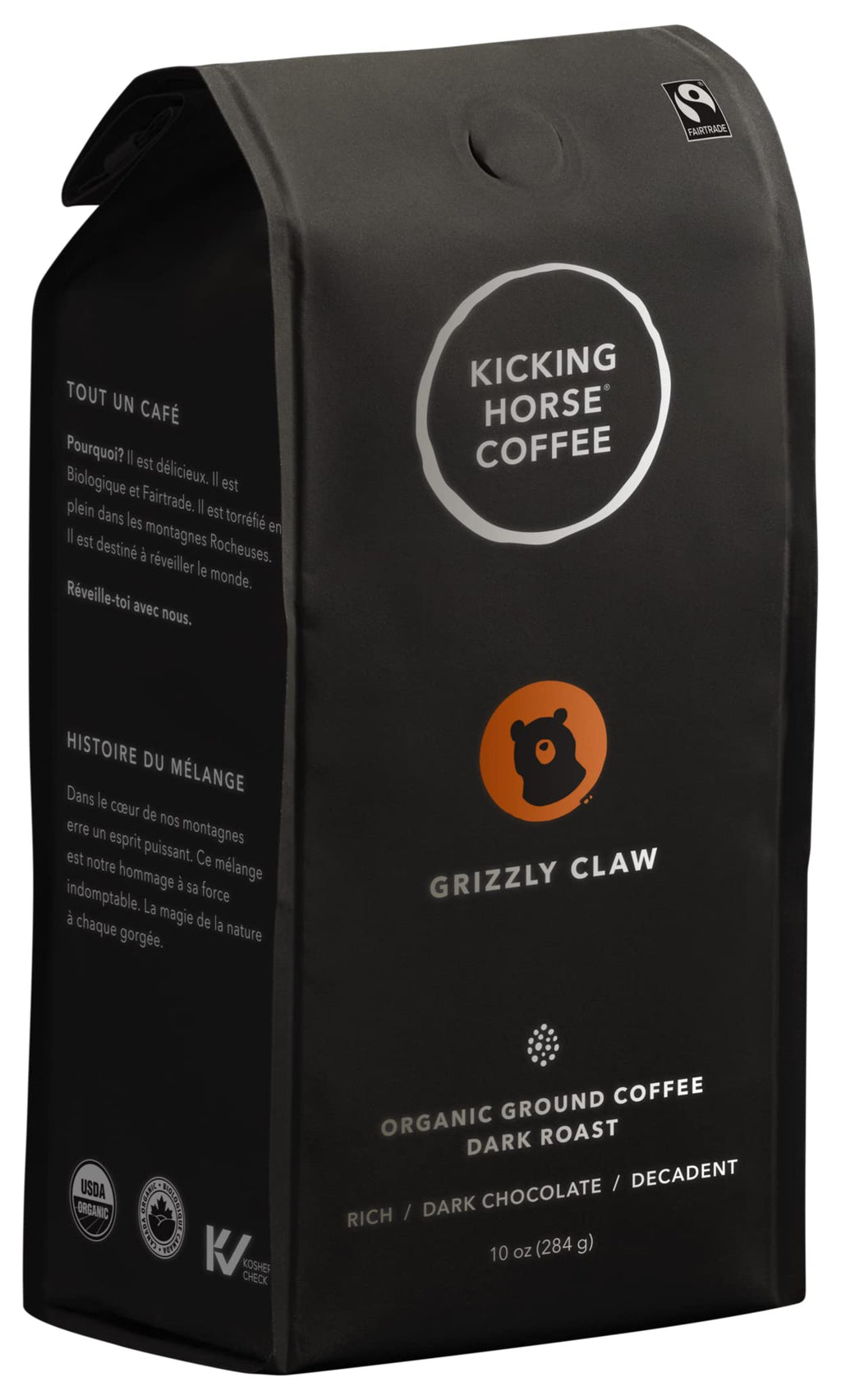 Kicking Horse Coffee Grizzly Claw, Dark Roast, Ground, Certified Organic, Fairtrade, Kosher, Black, 60 Oz, Pack of 6