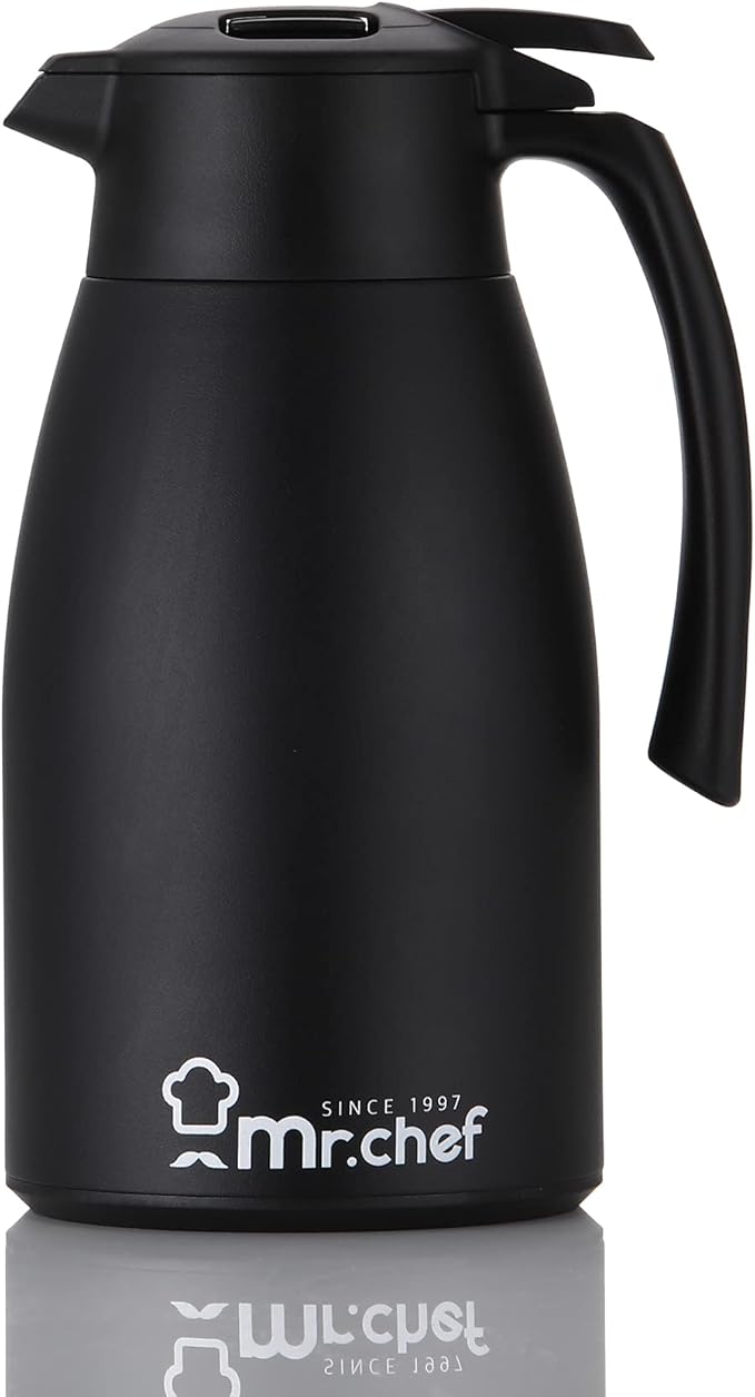 SINCE 1997 MR.CHEF 68Oz Thermal Coffee Carafe, Insulated Stainless Steel Coffee Carafes for Keeping Hot/Double Walled Vacuum Coffee Carafe (Black, 2L)