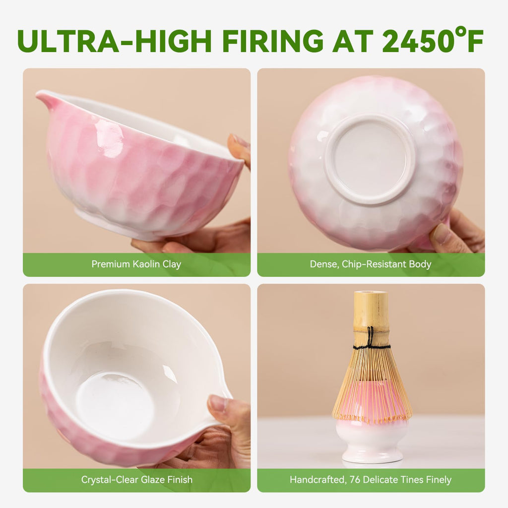 Sakura Matcha Bowl Set with Whisk - Mother’s Day 530ML Pink Ombre Ceramic Chawan | Japanese Matcha Starter Kit for Tea Ceremony, Valentine Gift for Her & Matcha Lovers | 7-Piece Set