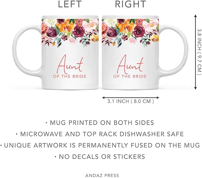 Andaz Press 11oz. Wedding Ceramic Coffee Tea Mug Gift, Fall Autumn Burgundy Orange Peach Flowers Roses Florals, Aunt of the Bride, 1-Pack, Includes Gift Box