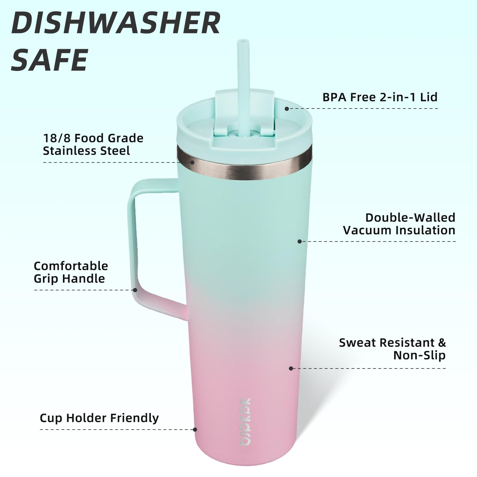BJPKPK 30oz Insulated Tumbler with Handle, Lid & Straw, Stainless Steel
