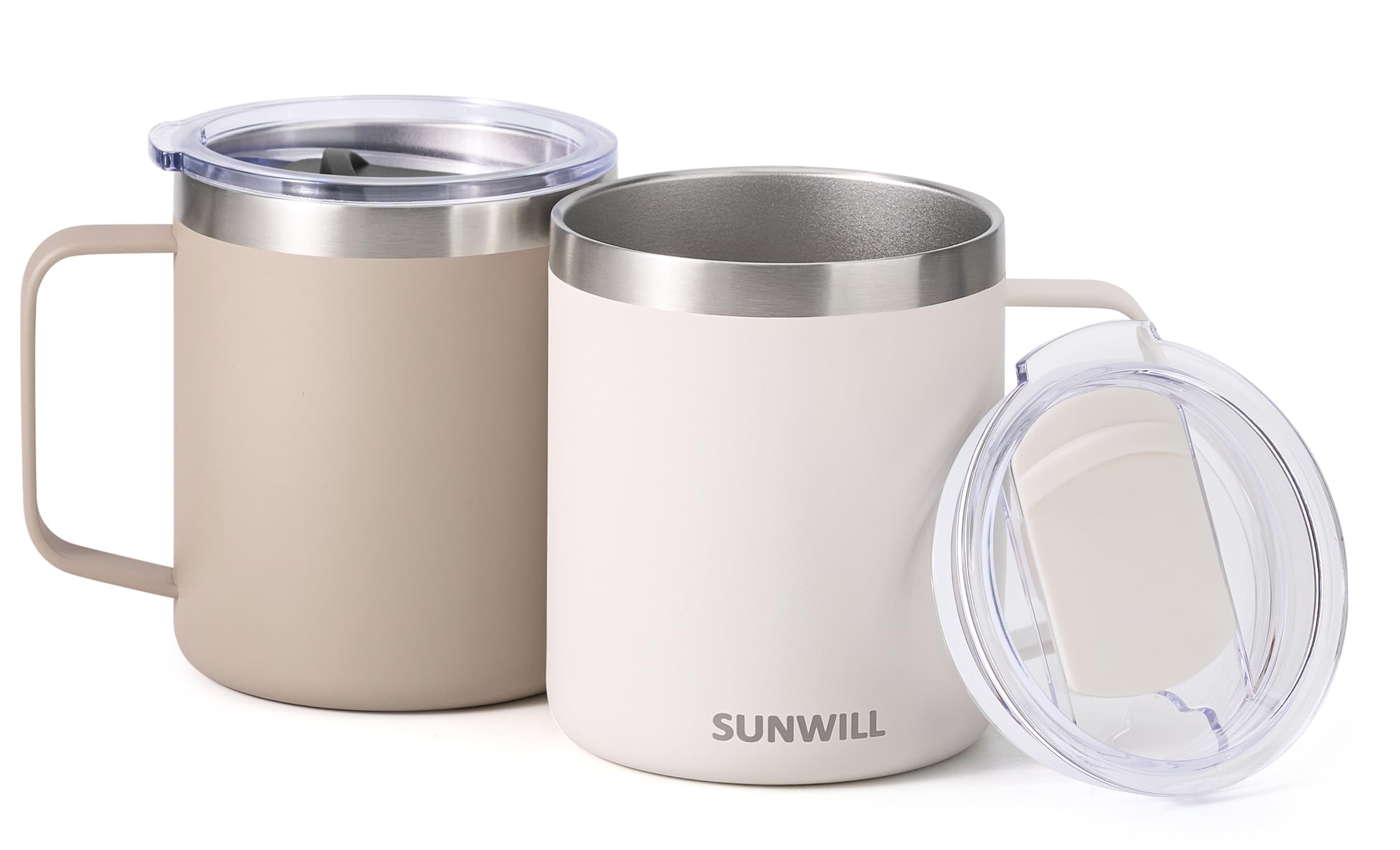SUNWILL Travel Coffee Mug Set of 2, Insulated Tumbler with Lid, 14oz Stainless Steel Cup with Handle for Camping, Office, Home, Powder Coated Cream & Taupe