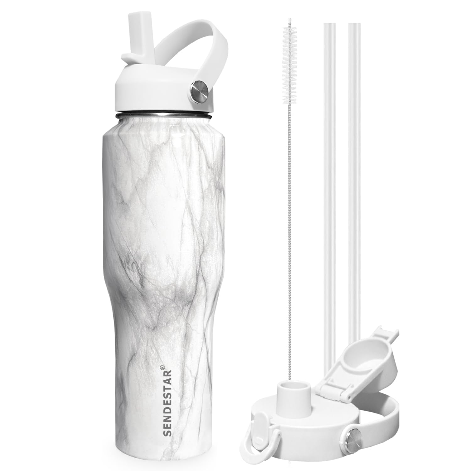 SENDESTAR 40oz Stainless Steel Water Bottle(Cold for 48 Hrs, Hot for 24 Hrs),Double Wall Vacuum Insulated Bottle with Straw Lid, Spout Lid and Flex Cap, Fit in Any Car Cup Holder