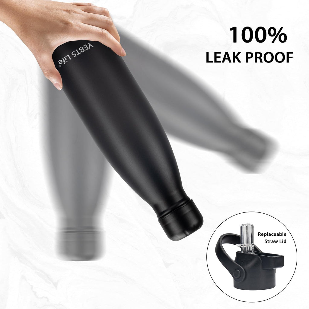 Insulated Water Bottle, 17oz Stainless Steel Water Bottles with straw lid, Metal Sports Water Bottles for Boys,Girls, Double Wall Vacuum BPA-Free Flask for School, Sports & Travel-Black