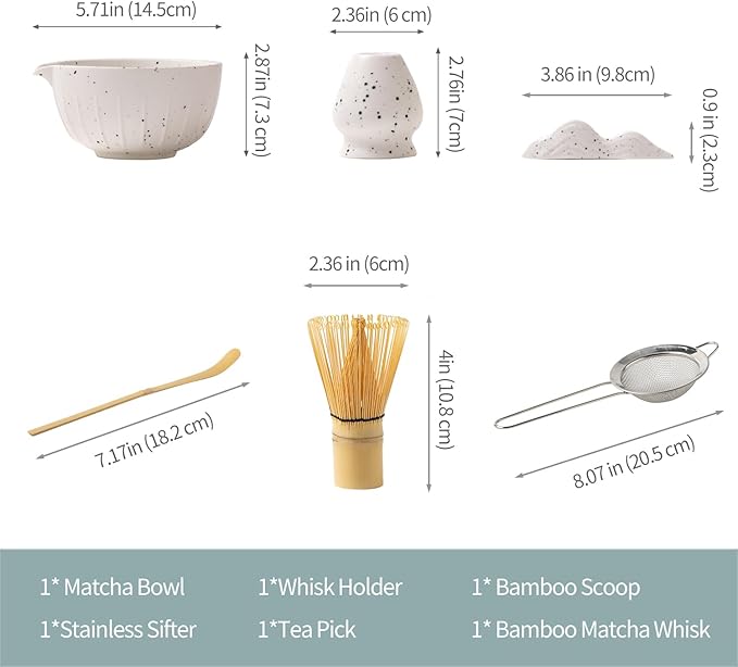 7Pcs Japanese Matcha Tea Set, Matcha Kit with Matcha Bowl (with Pouring Spout), Matcha Whisk, Whisk Holder, Strainer - Elegant Matcha Set for Gifting and Personal Use, Gift Box Packaging (white)