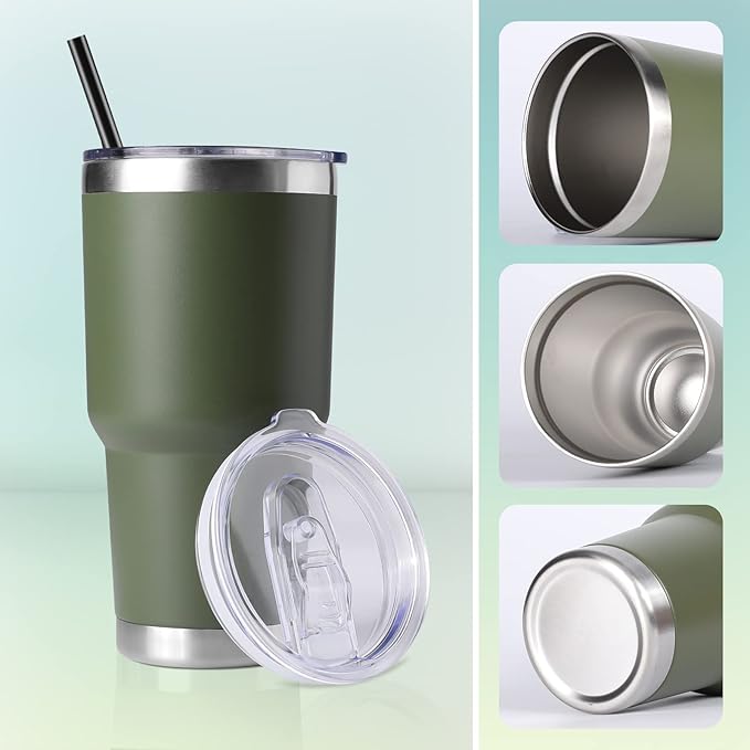 DOMICARE 30 oz Tumbler with Lid and Straw, Stainless Steel Tumblers Bulk, Insulated Vacuum Double Wall Travel Coffee Mug, Durable Powder Coated Tumbler Cups (Army Green, 8)