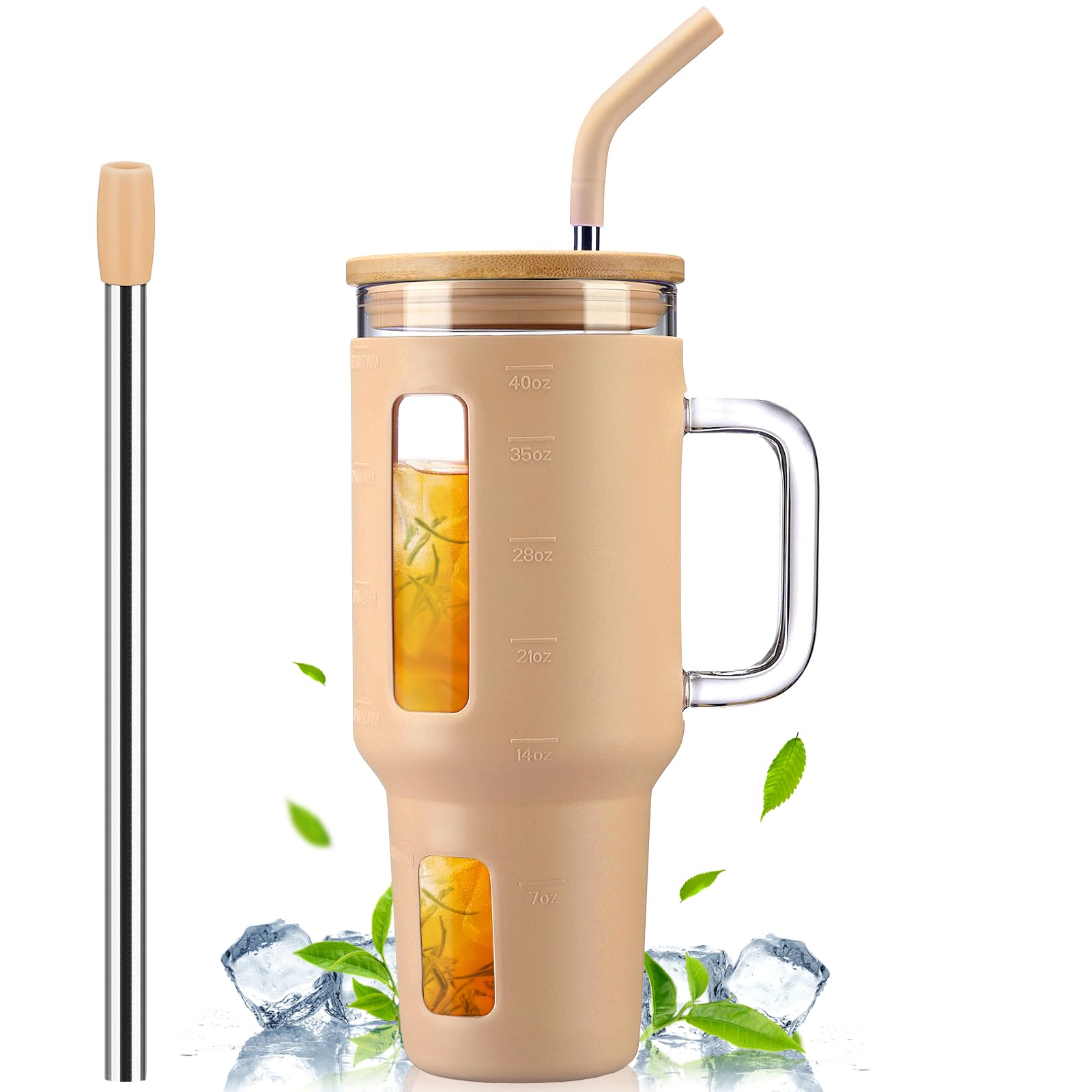 Kodrine 40 oz Glass Tumbler with Handle, Iced Coffee Tumbler with Straw and Bamboo Lid, Glass Drinking Cup with Silicone Sleeve Time Marker, Water Bottle Dishwasher Safe, Cup Holder Friendly, Amber