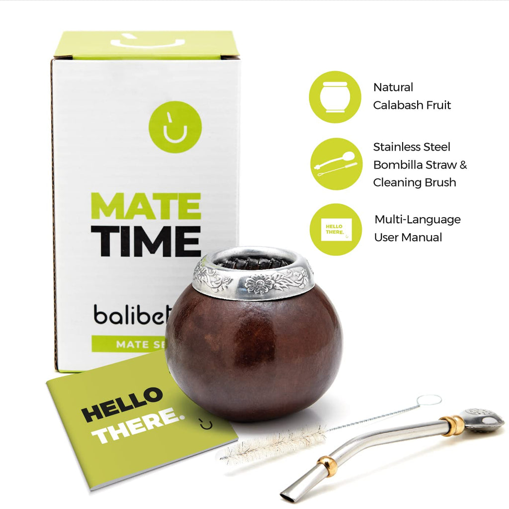 BALIBETOV Yerba Mate Gourd Set – Original Natural Handmade Yerba Mate Cup from Argentina, Includes Mate Tea Cup, Bombilla (Mate Straw) and Cleaning Brush, Traditional Mate Cup Gift Set