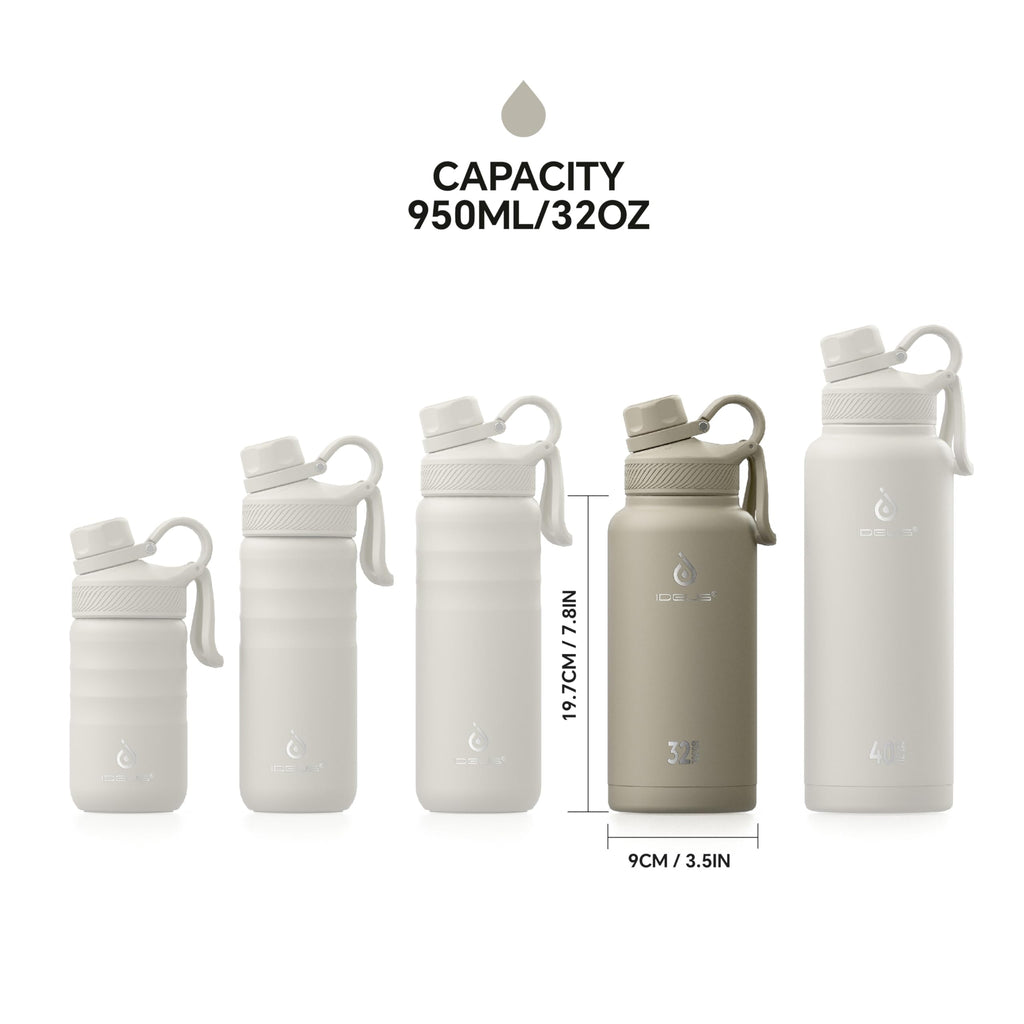 IDEUS Insulated Stainless Steel Water Bottle with 2 Leak-Proof Lids, Thermal Water Flask for Hiking Biking, 32oz, Celadon