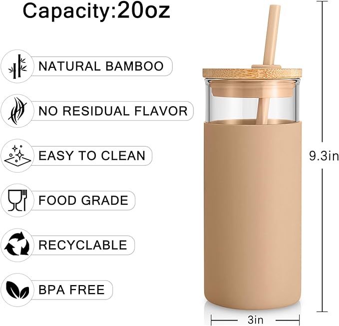 Tronco 20 oz Glass Tumbler with Lid and Straw, Reusable Iced Coffee Cup with Silicone Sleeve & Bamboo Lid, Smoothie Cup for Home,Office, for Father Men Day Gift from Wife Daughter Son (Blackish Green)