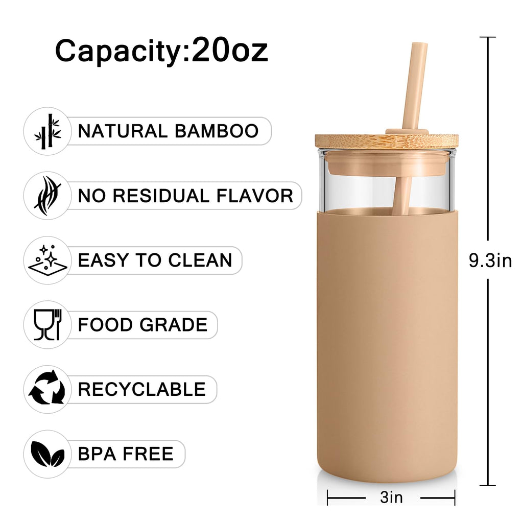 Tronco 20 oz Glass Tumbler with Lids and Straws, Reusable Iced Coffee Cups
