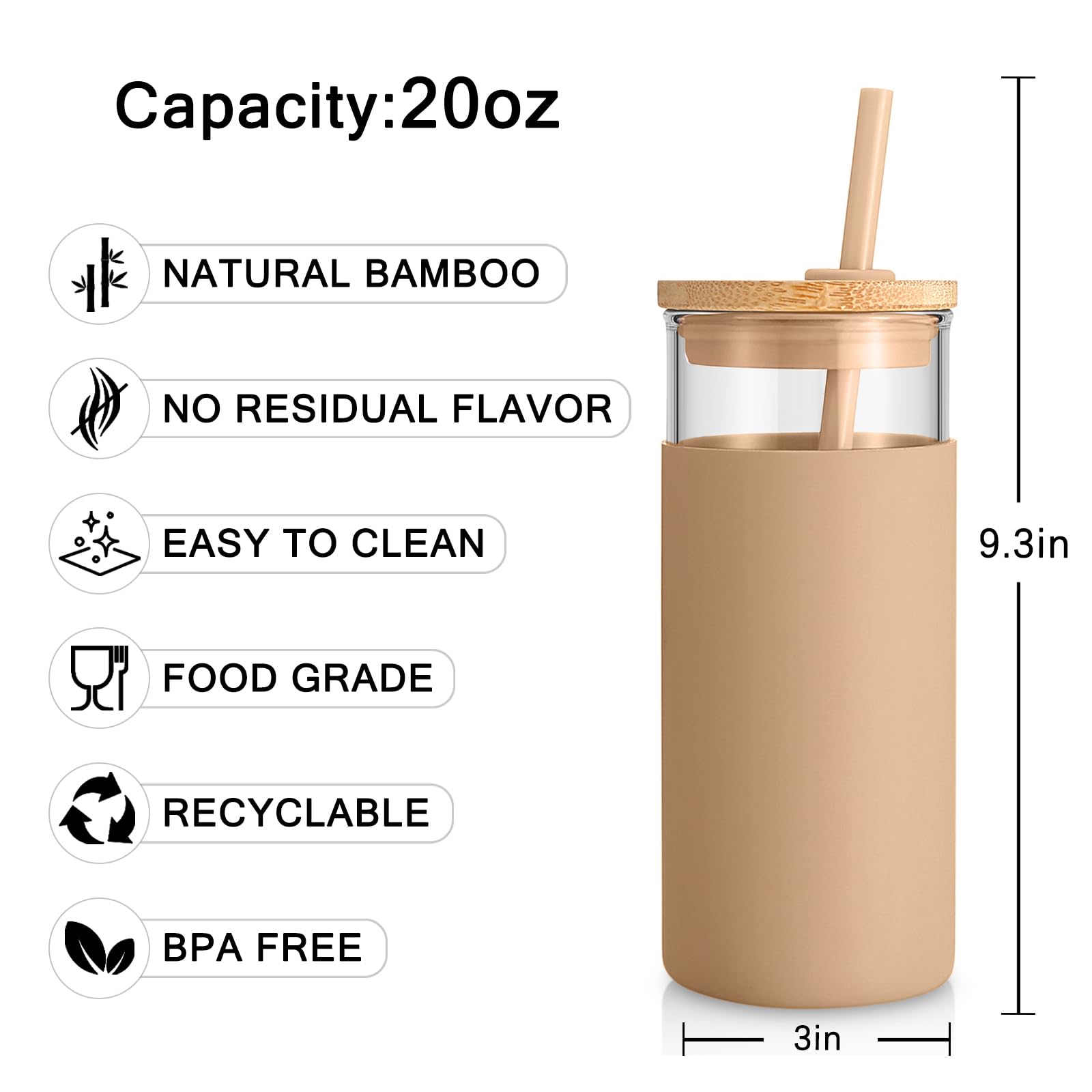 Tronco 20 oz Glass Tumbler with Lids and Straws, Reusable Iced Coffee Cups