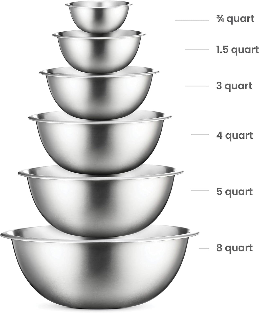 BREFR Stainless Steel Mixing Bowl Set, Nesting Bowls for Kitchen Baking, Cooking, Prepping, Kitchen Food Storage Organizers, No Lids (6 Pack)