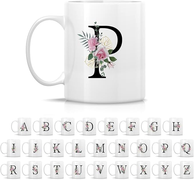 Retreez Initial A-Z Floral Botanical Bouquet Alphabet Monogrammed Monogram Mug 11 Oz Ceramic Tea Coffee Mugs - Appreciation Thank You Wedding Birthday Gifts for her friend coworker sister - P Initial