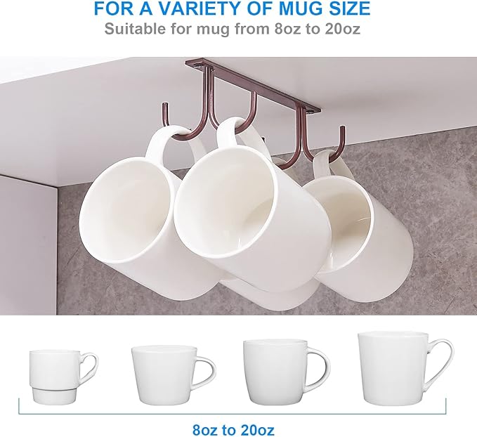Mug Rack Under Cabinet - Coffee Cup Holder, 12 Mugs Hooks Under Shelf, Display Hanging Cups Drying Hook for Bar Kitchen Utensils Brown