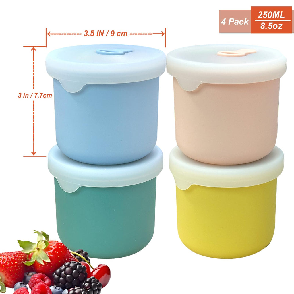 8.5 OZ Silicone Food Storage Containers, Baby Food Storage Jars with Airtight Lids and Snack Cup Lid, Freezer, Microwave and Dishwasher Safe, Reusable Snack Containers for Kids, Infant, Toddler, 4 Pcs