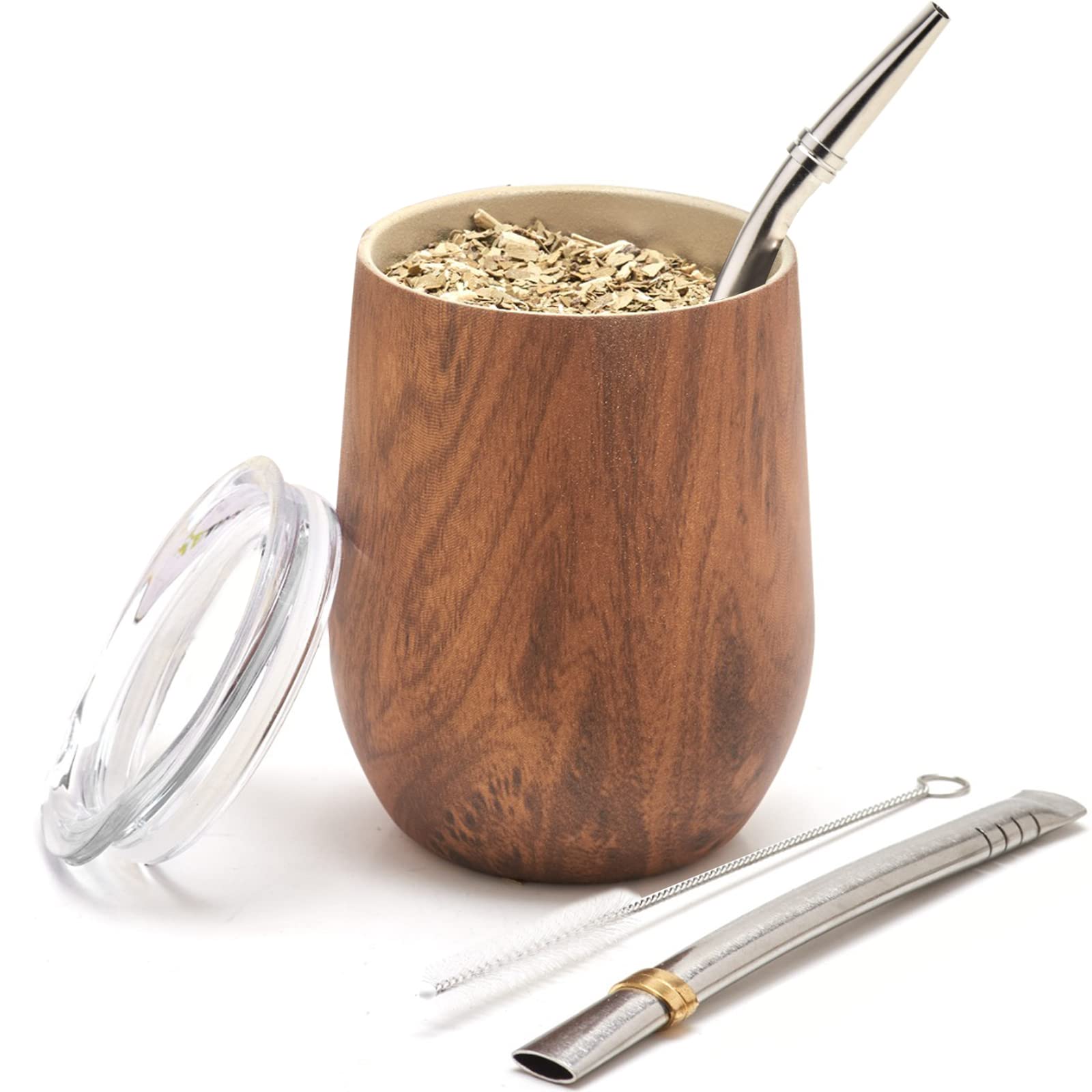 BALIBETOV Premium Stainless Steel Yerba Mate Gourd Set, 5 Pcs Including 12 oz Gourd with Lid, 2 Bombillas, Cleaning Brush | BPA Free, Insulated