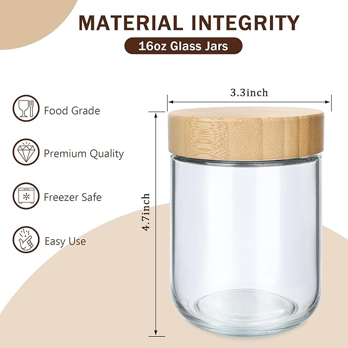 OcePor 4 Pack 16oz Glass Jars with Bamboo Lids, Over Night Oats Container with Airtight Lid, Glass Snack Storage Salad Jars For Food, Yogurt, Sugar and Flour,Coffee Bean, Cookie, Cereal