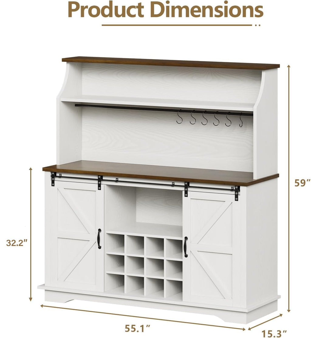 55 Inch Farmhouse Coffee Bar Cabinet with 3-Tier Enclosed Storage Cabinet, Kitchen Hutch with 12 Wine Racks & 3 Glass Holders, Coffee Bar with 6 Hooks, Wood Furniture for Dining Living Room, White