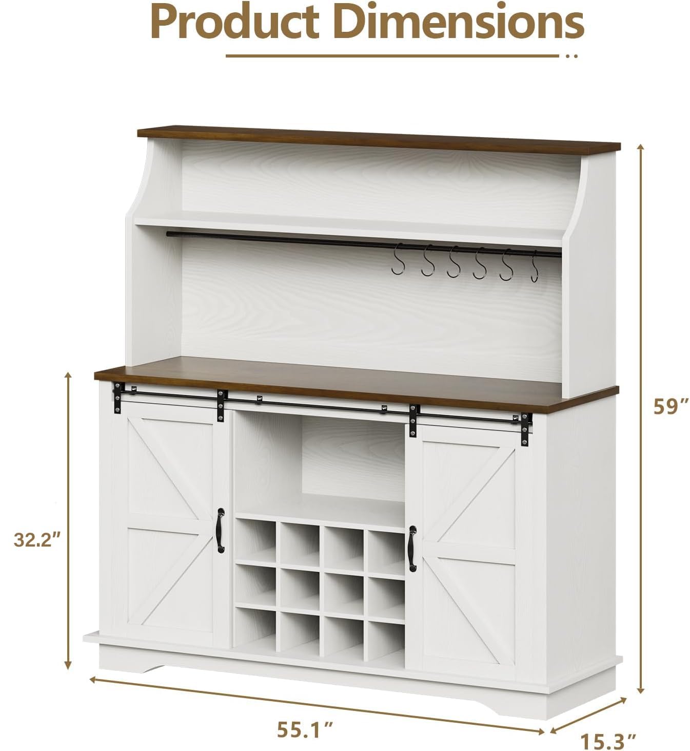 55 Inch Farmhouse Coffee Bar Cabinet with 3-Tier Enclosed Storage Cabinet, Kitchen Hutch with 12 Wine Racks & 3 Glass Holders, Coffee Bar with 6 Hooks, Wood Furniture for Dining Living Room, White