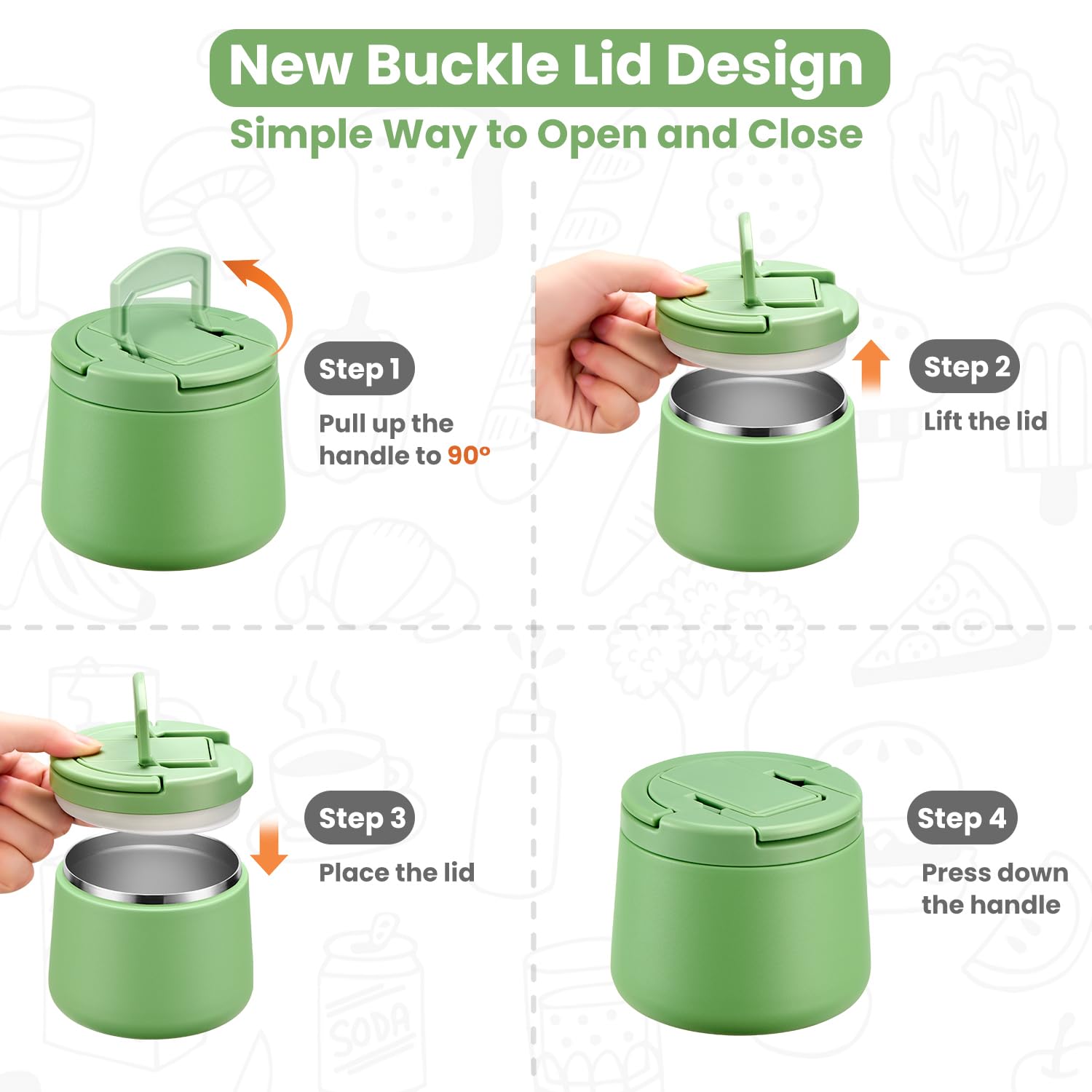 14oz Insulated Vacuum Food Jar with Buckle Lid,Soup Thermo for Hot Food Kids,Wide Mouth Leakproof Stainless Steel Lunch Container with Spoon-Green