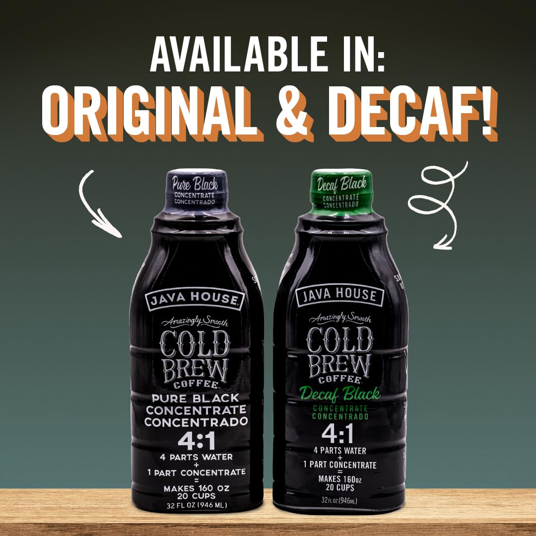 JAVA HOUSE Cold Brew Coffee, Decaf Colombian 4:1 Liquid Concentrate, 32 Ounce Bottle