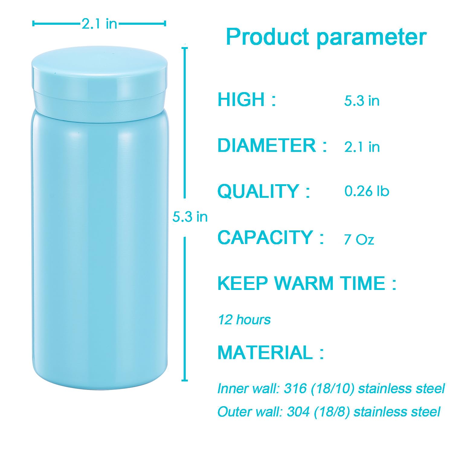 Mini Thermos Cute Water Bottle - 7 oz Tiny Insulated Vacuum 18/10 Stainless Steel Small Flask - Leak Proof & Spill Proof & Keeps Cold and Hot for Drink, Coffee, Tea - Light Blue