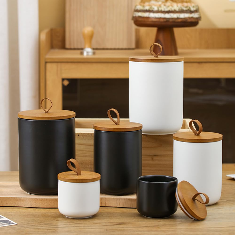 Jueison Ceramic Storage Jars, Modern Airtight Canisters with Wooden Lid (Black tuba)