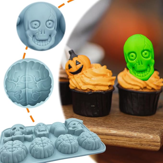 Halloween Chocolate Mold Silicone,2pcs Cavity Candy Gummy Mold with Skull and Brain for Baking Chocolate Jelly Gummy Desser