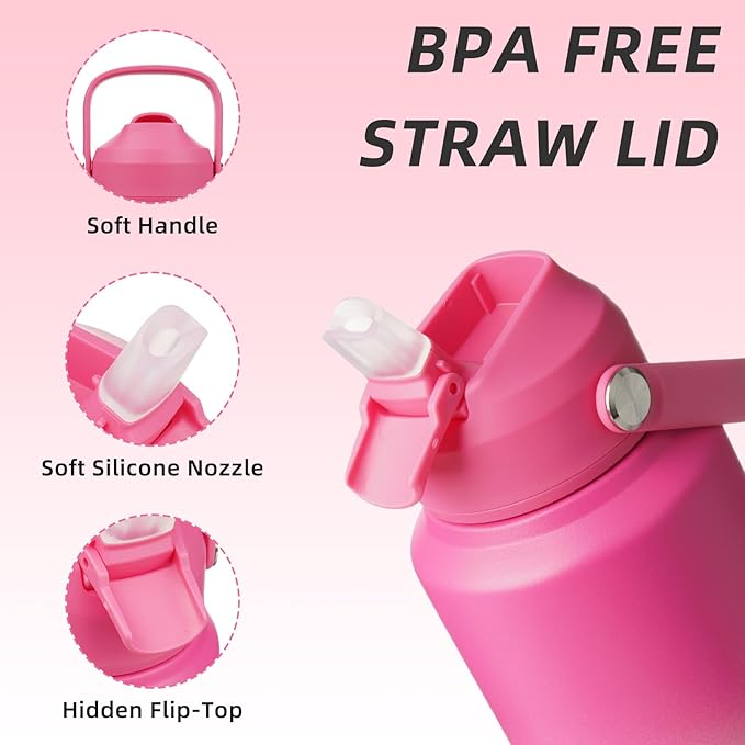 BJPKPK Water Bottle with Straw Lid, 32oz Vacuum Insulated Water Bottles, Metal Stainless Steel Thermos for Sports, Travel, BPA Free Leak Proof Thermos, Cups, Flasks, Tumblers,Cherry
