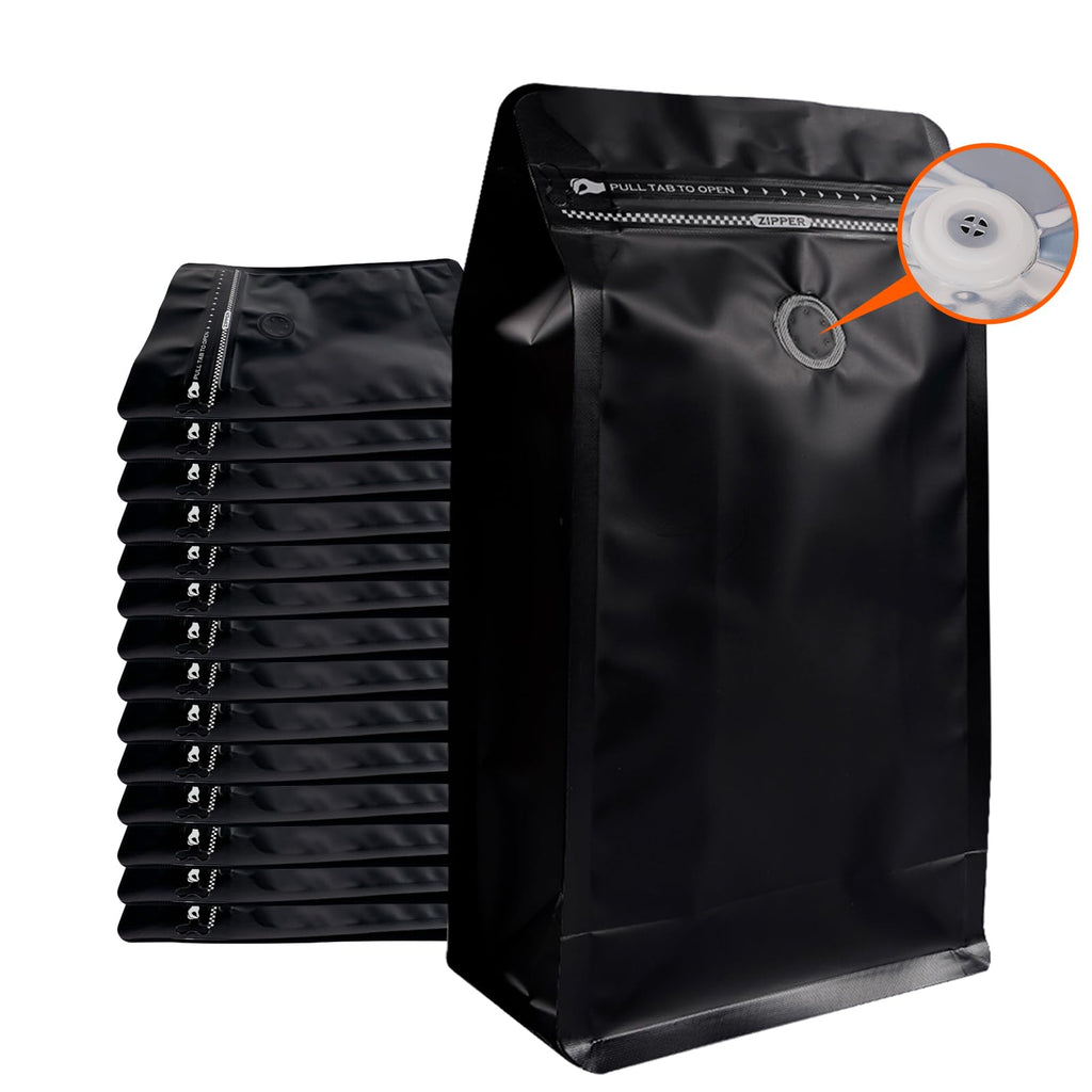 Coffee Bags with Valve (50 PCS,8oz/0.5lb) Black High Barrier Aluminum Foil Flat Bottom Standing Coffee Beans Storage Packaging Bags, Reusable Heat Seal Side Zipper Pouches for Small Business and Home