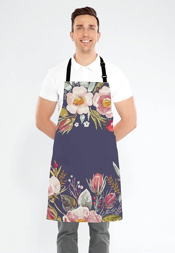 Vintage background with hand drawn floral wreath Adjustable Bib Apron, Romantic Flowers Cooking Kitchen Apron for Men Women