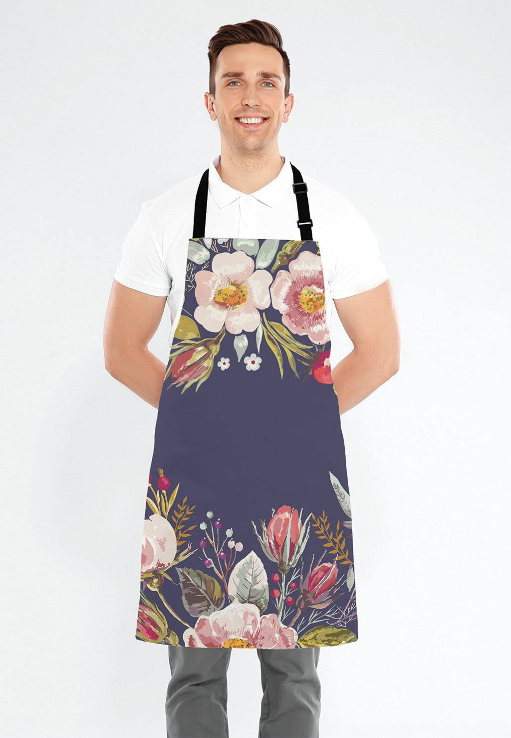 Lefolen Vintage background with hand drawn floral wreath Adjustable Bib Apron, Romantic Flowers Cooking Kitchen Apron for Men Women