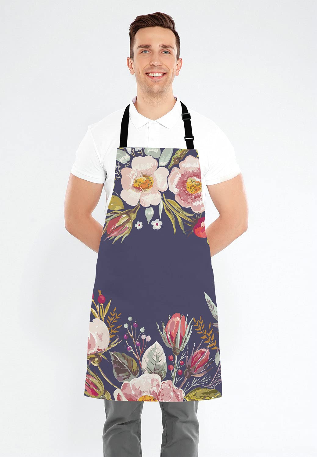 Lefolen Vintage background with hand drawn floral wreath Adjustable Bib Apron, Romantic Flowers Cooking Kitchen Apron for Men Women