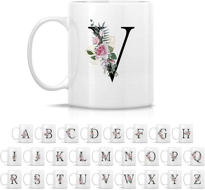 Retreez Initial A-Z Floral Botanical Bouquet Alphabet Monogrammed Monogram Mug 11 Oz Ceramic Tea Coffee Mugs - Appreciation Thank You Wedding Birthday Gifts for her friend coworker sister - V Initial