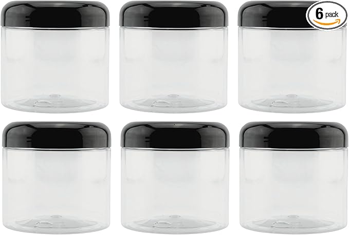 Cornucopia Brands 16oz Clear Plastic Jars w/Domed Lids (6-Pack); BPA Free PET Stackable Straight Sided Canisters for Bathroom & Kitchen Storage