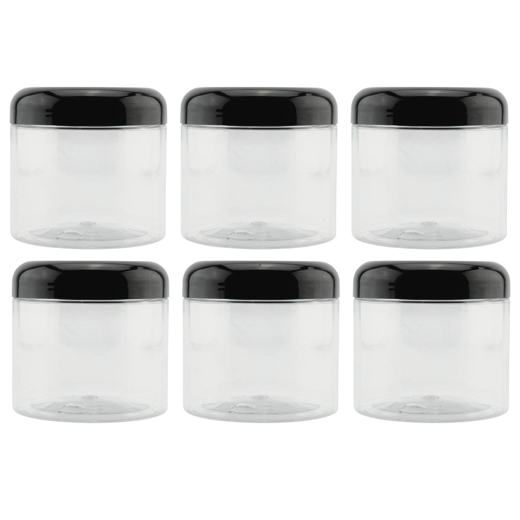 Cornucopia Brands 16oz Clear Plastic Jars w/Domed Lids (6-Pack); BPA Free PET Stackable Straight Sided Canisters for Bathroom & Kitchen Storage