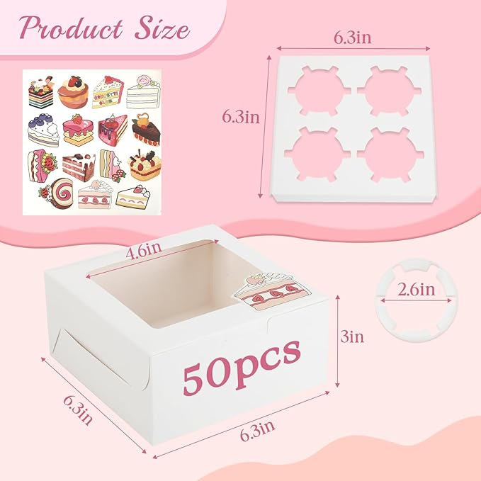 OAMCEG 50 Pack Cookie Boxes with Window 6x6x3 Inches White Cupcake Boxes, Bakery Treat Boxes with Stickers & Twine for Pastry, Desserts, Strawberries, Cupcakes, Gift Giving