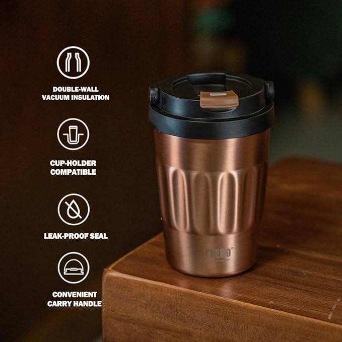 TYESO Stainless Steel Portable Tumbler with Flip Lid,Travel Mug with Concealed Carry Handle, Leakproof Insulated Coffee Cup (ROSE GOLD, 13 OZ)