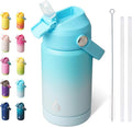BJPKPK Insulated Water Bottle with Straw Lid, 12oz Thermos Water Bottles, Flex Handle & Non-slip Boot, BPA Free Leak Proof Stainless Steel Metal Thermos, Tumblers, Cups, Sea Salt