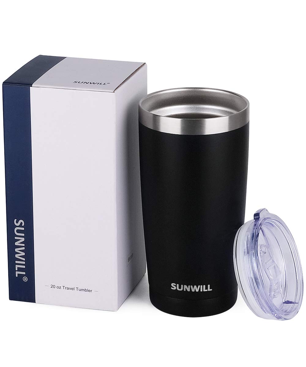 SUNWILL Travel Coffee Tumbler 20 oz, Insulated Mug with Lid, Stainless Steel Cup for Outdoor, Powder Coated Black