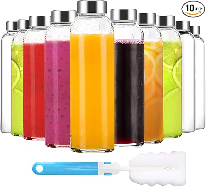 Clear Glass Bottles with Lids 18 oz, Reusable Glass Water Bottles with Stainless Steel Cap for Juicing, Refrigerator,100% Leak Proof, BPA Free, Juice Water Bottle Set of 10