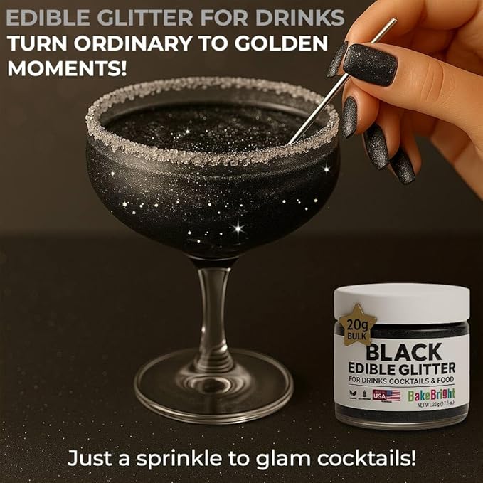 Bulk 20g Black Edible Glitter for Drinks | Premium Edible Glitter for Cakes, Cocktails, Black Cake Decorating Decorations Food Grade, Vegan, Kosher, Halal, Gluten Free - Made in USA